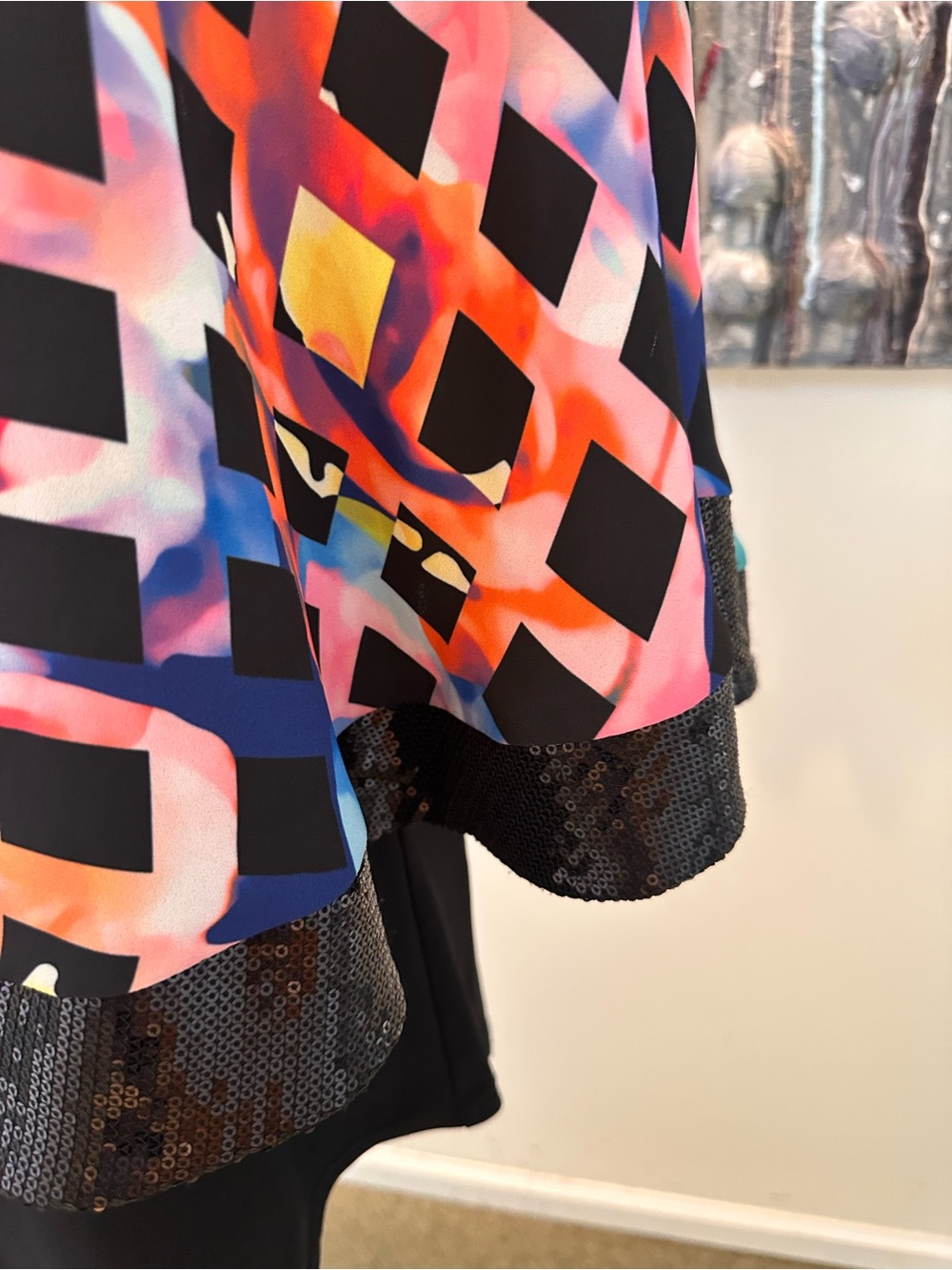 Joseph Ribkoff 12 Multicolor Geometric Overlay Cape Tunic with Sequin Hem - Picture 4 of 10